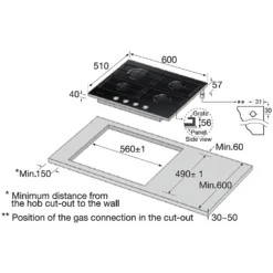 Samsung Prezio NA64H3000AK 60cm Gas Hob - Black / Glass -Kitchen Hardware Store 14200057 8845011750520574